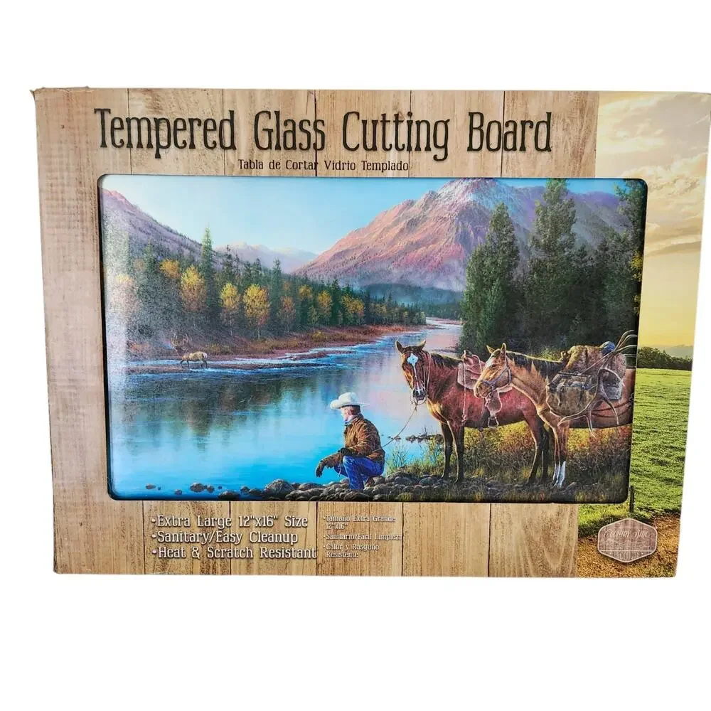 NEW Cowboy & Horses at Stream Tempered Glass Cutting Board 12x16